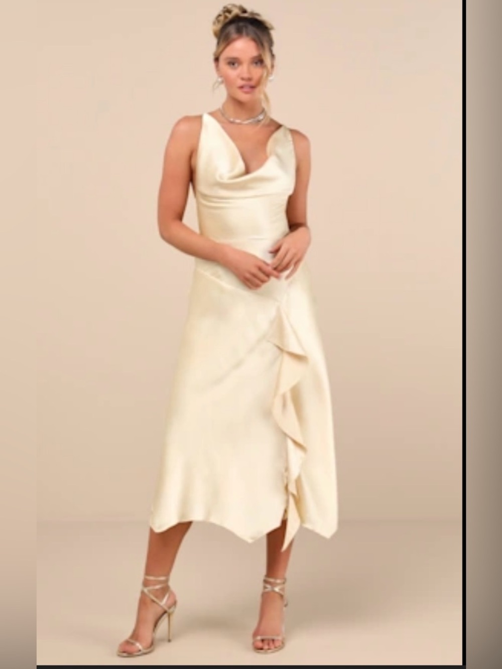 Lulus Evette Pale Yellow Satin Cowl ruffled Handkerchief Midi dress Size XS